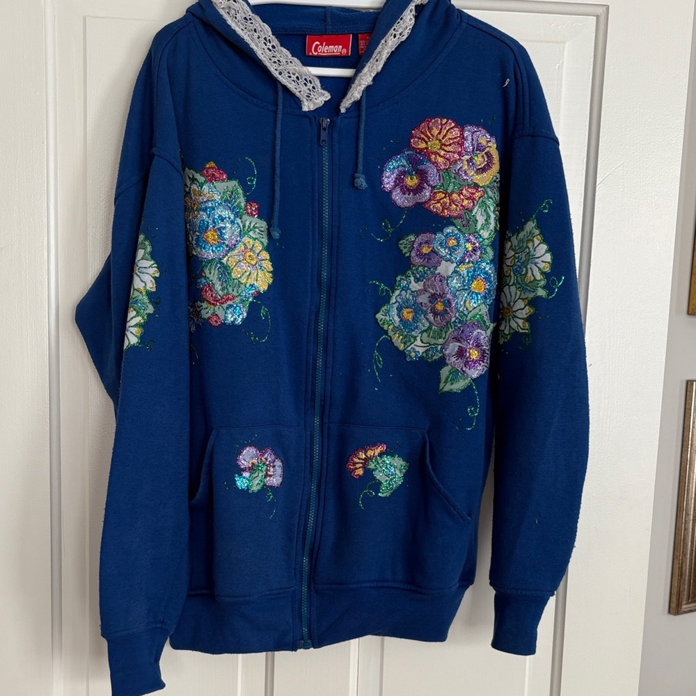 Coleman Blue Hoodie with Floral Embroidery Craft Day Mayham